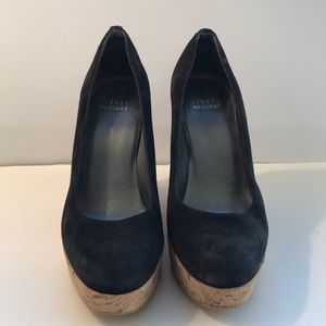 Stuart Weitzman Black Suede Cork Wedge Size 6